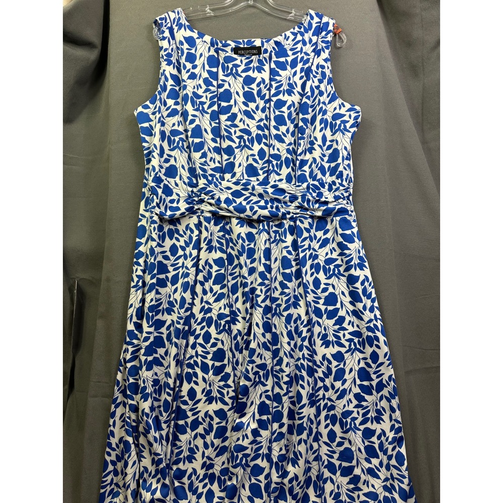 Perceptions Woman Blue White Leaf Print Sleeveless‎ Midi Dress Plus Size 1X